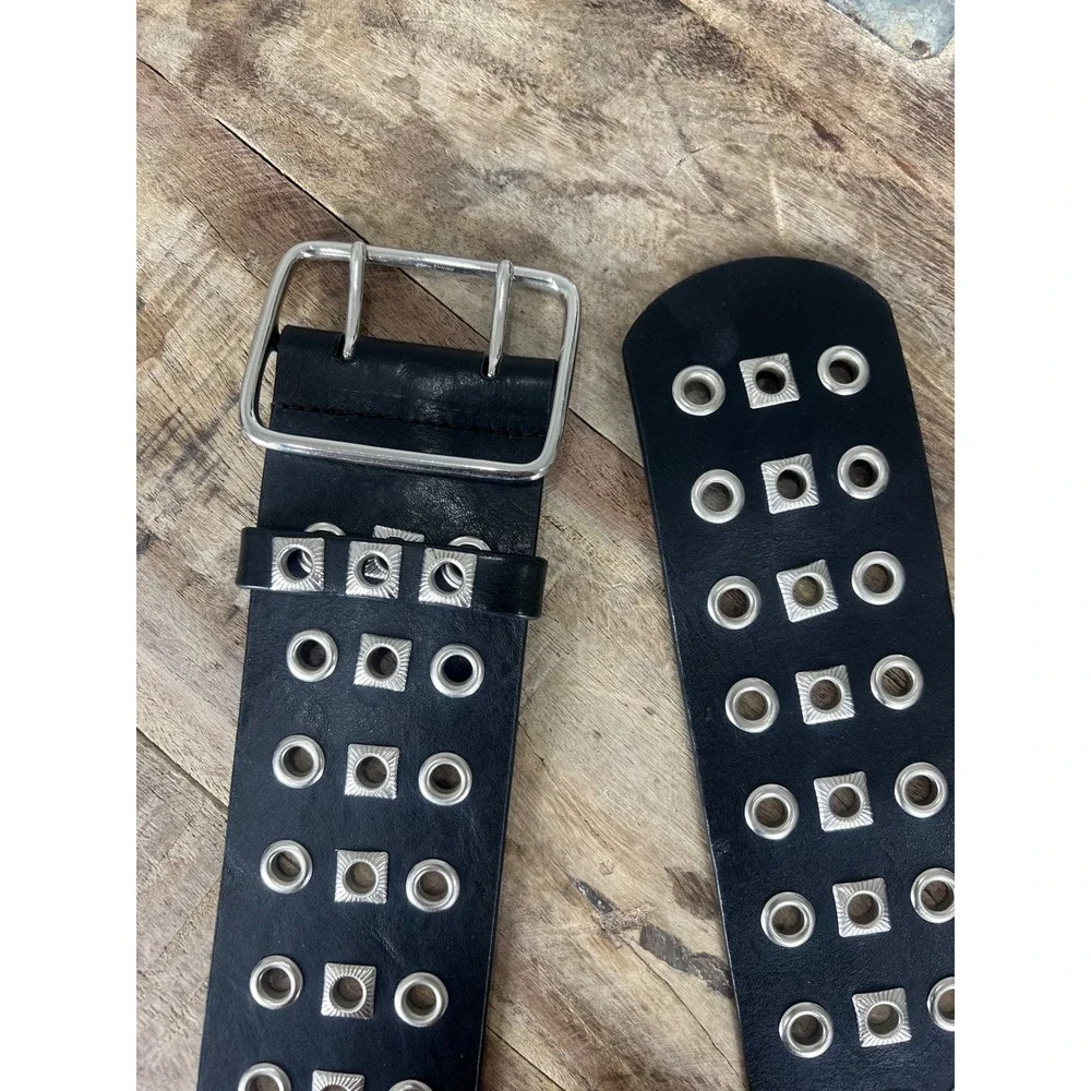 Black Faux Leather Wide Triple Row Grommet Square Stud Belt Double Prong Buckle